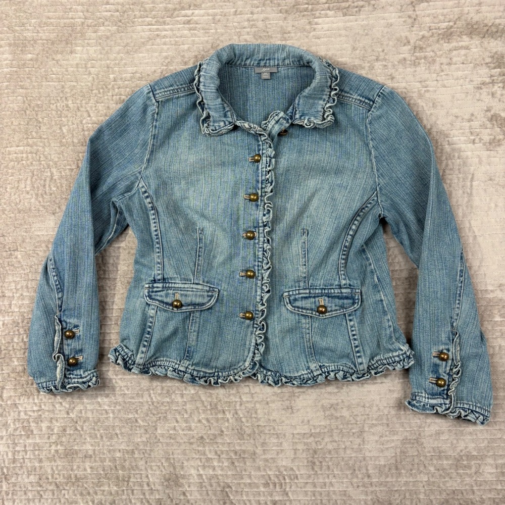 J. Jill Womens Petite SP Blue Denim Ruffle Trim Button Front Jacket 100% Cotton